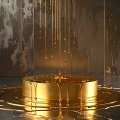 A golden, cylindrical object is showered with liquid gold