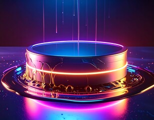 Neon podium with metallic drips and falling light beams