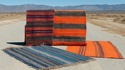 Abstract Woven Rugs in Desert Landscape with Blue Sky Featuring Orange Teal and Black Colors on Gravel Ground Under Bright Daylight