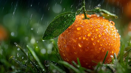Fresh orange fruit sitting in green grass covered in water droplets with sun rays illuminating the mist for a vibrant nature freshness theme.