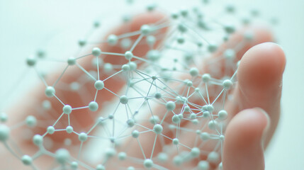 Closeup of a hand holding a neural network diagram with interconnected nodes and lines against a soft blurred background