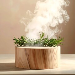 Rosemary sprig on wooden pedestal emitting vapor, soft lighting