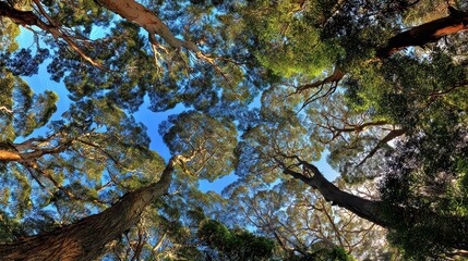 Looking Up Through Dense Green Tree Canopy With Bright Blue Sky Glimpses in Daytime Sunlight and Dramatic Perspective from Forest Floor Capturing Nature's Majesty