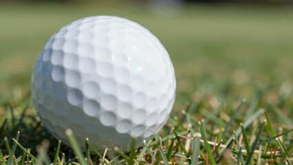 A white golf ball rests on green grass with a shallow depth of field sport