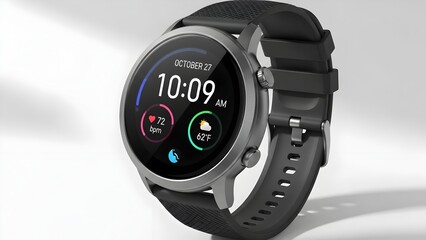 Smartwatch displaying time and health metrics on modern screen