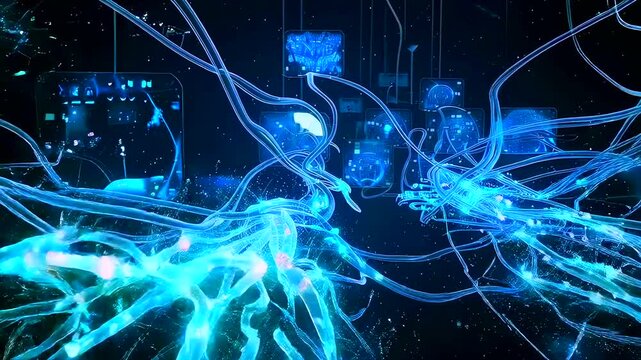 brain hologram with neural network and streaming signal pathways, glowing synapse activity and flowing connectivity lines illustrate cognition, data panels and dark space backdrop emphasize
