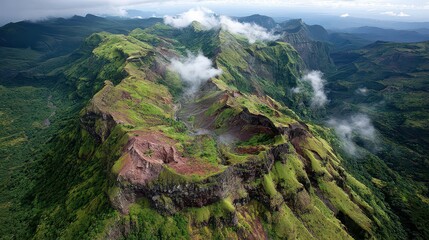 Aerial View of Lush Green Mountain Range with Mist Covered Peaks in Tropical Rainforest Under Cloudy Sky During Daytime