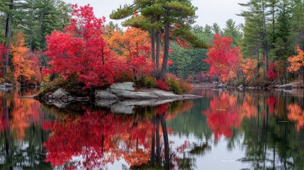 Autumn Foliage Reflections on Calm Lake Water Surrounded by Evergreen Trees with Vivid Red Orange Leaves Under a Cloudy Sky Creating Serene Scenic Landscape