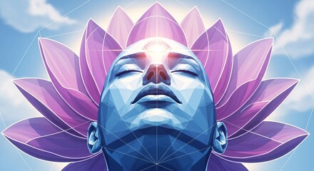 Serene digital artwork of a futuristic blue Buddha statue with closed eyes and radiant lotus petals background symbolizing peace spirituality and enlightenment