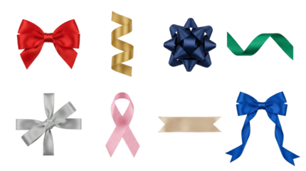 Celebration Ribbon Collection Set with Red Bow Gold Spiral Blue Rosette Pink Awareness in Realistic Satin Style