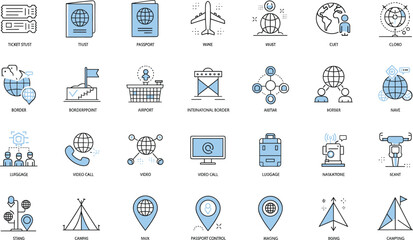 Large set of travel and global communication icons in blue and black line art featuring airplanes passports and navigation symbols.