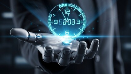 Robotic hand displaying digital clock interface.