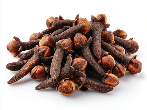 AI-generated image - Dried aromatic whole cloves with stems, isolated on a white background.