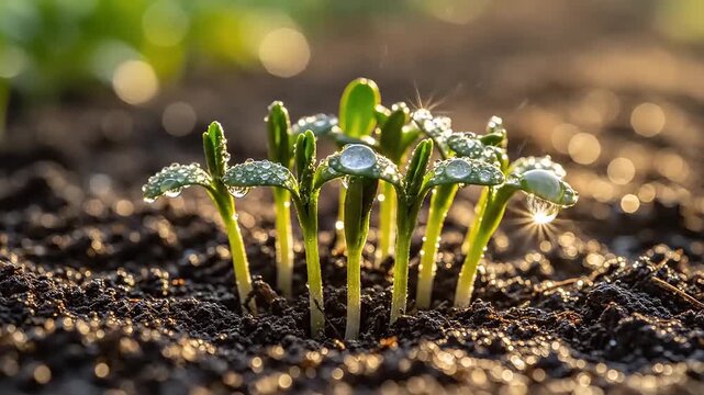 Young green sprouts emerging from dark soil with water droplets closeup