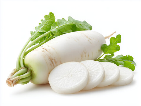 AI-generated image - Fresh, crisp white daikon radish with vibrant green leaves and slices isolated on a clean white background. 