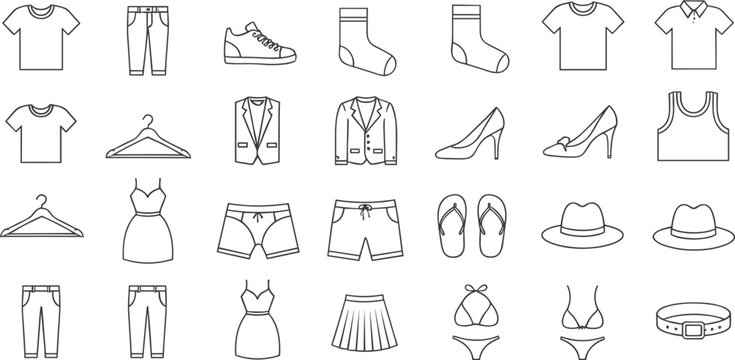 Large set of clothing and fashion accessories icons in black line art featuring shirts pants shoes and dresses.