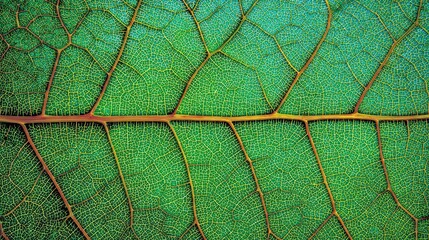 Close Up of Green Leaf Veins with Intricate Network Pattern and Yellow Texture Detailed Foliage Abstract Showing Natural Design and Color Variation
