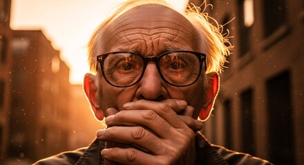 Close-up of an elderly man with glasses and gray hair covering his mouth with his hand in an urban setting during sunset creating a dramatic and contemplative mood for emotional and reflective themes
