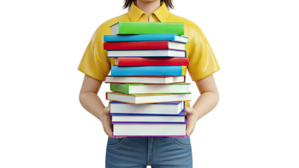 Person holding stack of colorful books