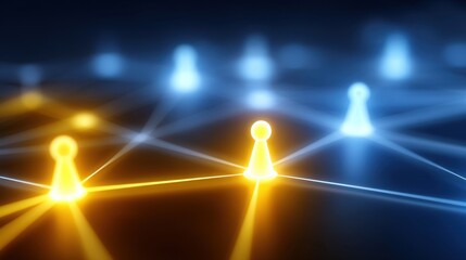 Abstract representation of networking connections with glowing pawns on a dark background symbolizing communication and strategy in modern digital landscape