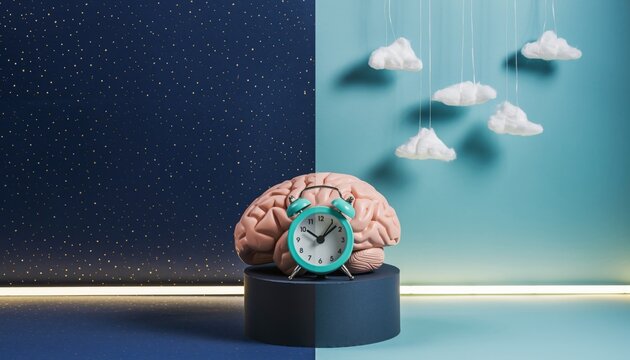 Brain alarm clock circadian rhythm concept, day night background
