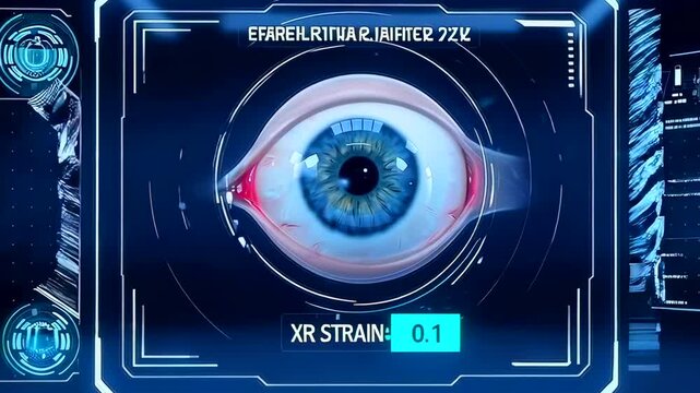 closeup blue eye biometric scan displayed on futuristic HUD with neon holographic frames, detailed iris mapping and pupil dilation detection, subtle bloodshot veins, realtime authentication