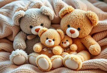 Adorable plush teddy bear family, nestled together on soft blanket,  warmth,  fabric