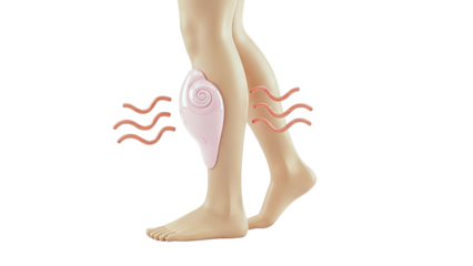 Leg with pink seashell-shaped massager and heat waves