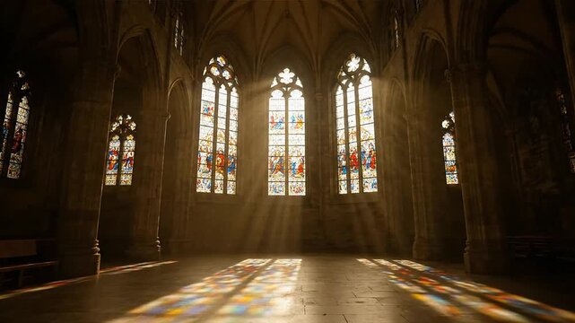Cathedral Interior with Stained Glass Windows.