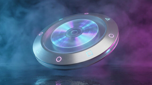 Futuristic Holographic Disc Player with Neon Lighting and Retro-Tech Aesthetic