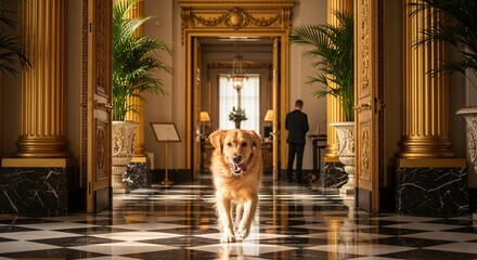 Luxurious hotel lobby with grand golden columns elegant decor and a friendly dog walking towards the camera in a sophisticated setting perfect for hospitality advertising