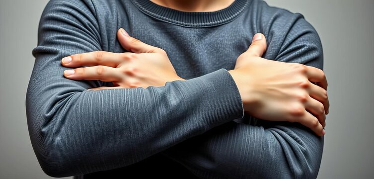 Arms wrapped around torso, self-comfort embrace,  posture,  acceptance