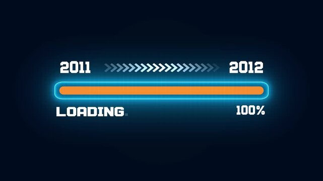 Digital progress bar showing transition from year 2011 to 2012, futuristic loading status interface with percentage and film frame