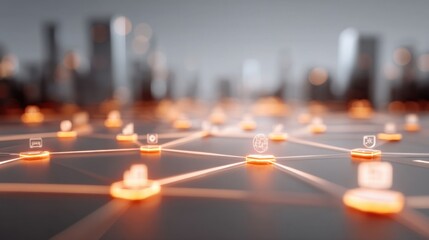 Abstract representation of digital network connections with glowing icons and city skyline, illustrating technology and communication in modern urban environment