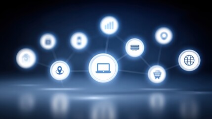 Modern digital technology icons representing online services with glowing connections and network nodes, showcasing a futuristic information environment