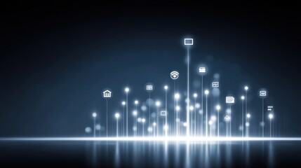 Digital Transformation Concept with Glowing Icons Representing Modern Technology and Data Connectivity on a Dark Background