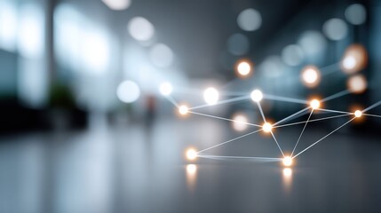 Abstract connection network with glowing points and blurred background representing technological innovation and digital communication in modern spaces