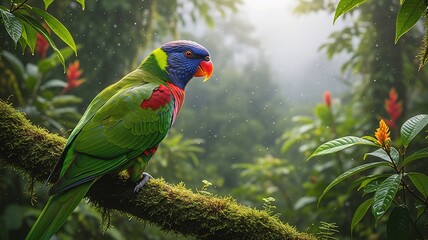 Exotic bird with vivid green and red feathers sitting on a branch in a tropical forest setting.