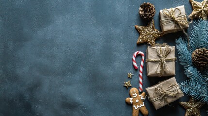 Festive Christmas Scene with Glittering Dark Background, Featuring Golden Star Ornaments, Candy Cane, Gingerbread Man, and Elegantly Wrapped Brown and Golden Presents