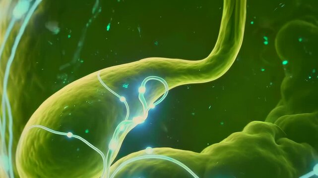 Fetus inside translucent amniotic sac floating within vascular tunnel, glowing umbilical cord and microscopic particles, Gallbladder. Smart biotech bile-release timing