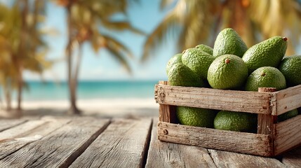 Wooden crate filled with fresh green avocados placed on a wooden deck with a blurred tropical beach, palm trees and sunny vacation background.