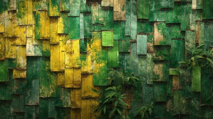 Green and Yellow Weathered Wooden Tiles Textured Background with Plants Rustic Shabby Chic Style Wood Wall Decor Detailed Close Up Shot