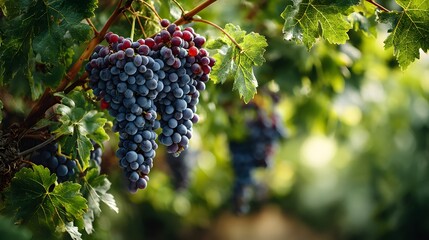 Bunches of ripe purple grapes hanging on the vine with sunlight filtering through green leaves creating translucency in a winery harvest scene.