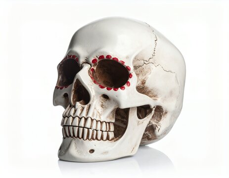 Human Skull with Red Eye Socket Decoration on White Background.
