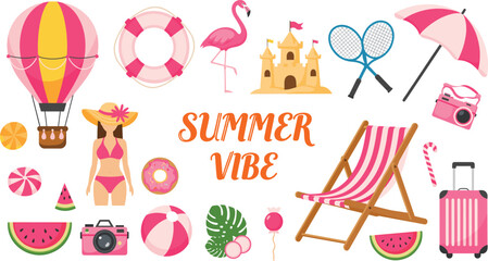 Bright summer vibe illustration set featuring beach items, flamingo, umbrella, sandcastle, swimsuit girl, watermelon, and vacation accessories © MdRazaul