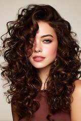 Fototapeta premium Images of healthy, curly hair with defined, shiny waves are ideal for advertising hair care products for curly hair, shampoos, treatments, and hair care brands.