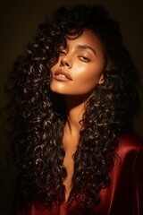Fototapeta premium Images of healthy, curly hair with defined, shiny waves are ideal for advertising hair care products for curly hair, shampoos, treatments, and hair care brands.