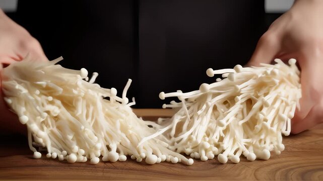 Chef's Hands Separating Enoki Mushrooms on a Cutting Board Surface