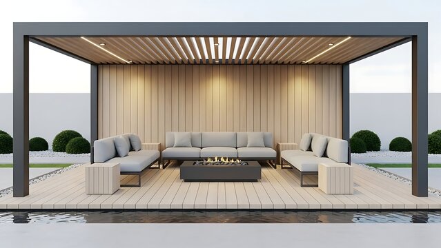 Modern outdoor living space with a louvered pergola and comfortable seating area.