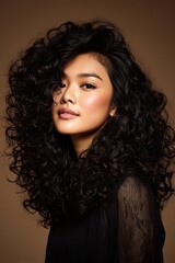 Fototapeta premium Images of healthy, curly hair with defined, shiny waves are ideal for advertising hair care products for curly hair, shampoos, treatments, and hair care brands.